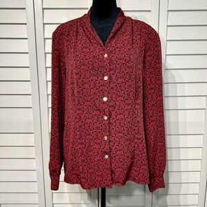 Vintage 90s Worthington Red Black Abstract‎ Button Blouse